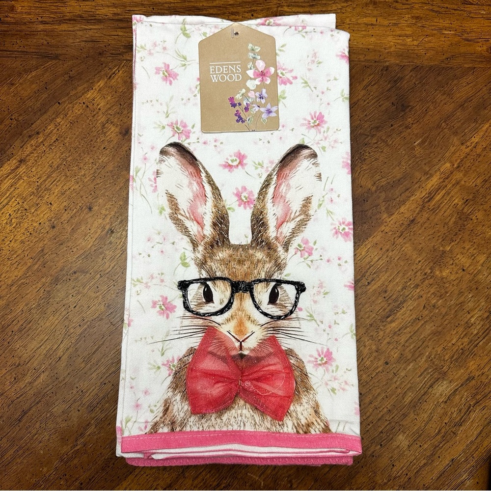 NWT Set of 3 Tea Towels Floral Bunny W/Embroidered Details, Pink & Floral